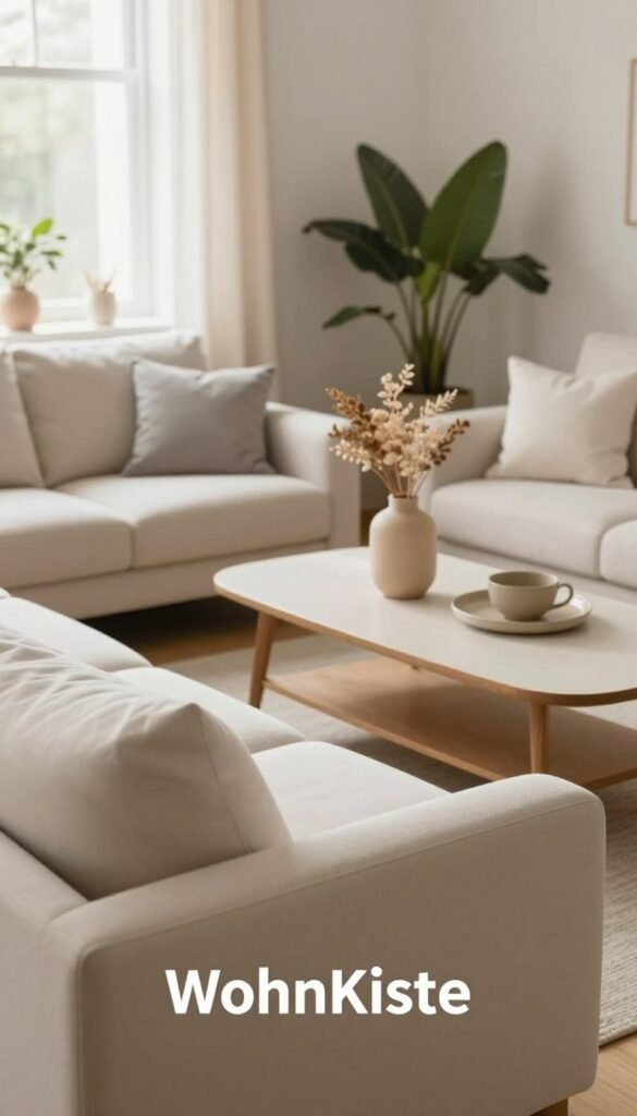 A serene interior scene featuring a harmonious blend of beige, white, and soft grey tones, showcasing natural decor elements that evoke a calm atmosphere. In the foreground, a plush beige sofa adorned with white and light grey cushions invites relaxation. The middle ground features a minimalist coffee table with elegant wooden accents, surrounded by decorative items like a tasteful vase of dried flowers in soft earth tones. In the background, a softly lit window drapes light onto a cozy corner with potted plants that enhance the tranquil vibe. Utilize warm, diffused lighting to create an inviting ambiance. The composition is styled in a Pinterest-worthy aesthetic, emphasizing authenticity and warmth, with the brand name "WohnKiste" subtly highlighted in a tasteful manner. Aim for a peaceful, comforting overall mood, perfect for promoting relaxation in home decor.