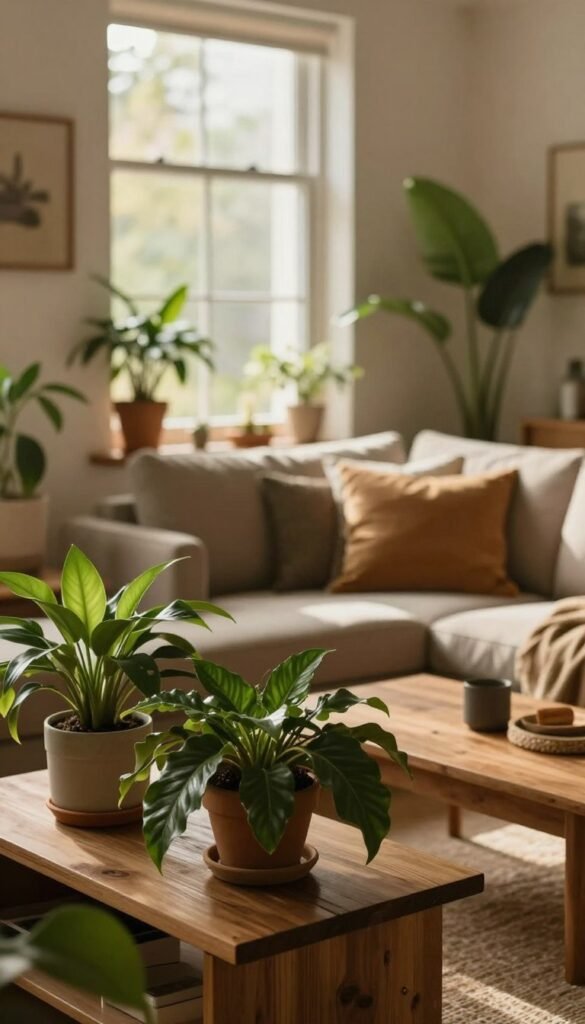 A serene interior scene showcasing a cozy living space that embodies warmth and tranquility. In the foreground, lush green plants are strategically placed on a wooden coffee table, their leaves glistening under soft, diffused lighting. The middle ground features a comfortable sofa adorned with pillows in earthy tones, inviting relaxation. A large window in the background allows natural light to pour in, casting gentle shadows and highlighting the textures of the room. The walls are painted in warm, neutral colors, enhancing the inviting ambiance. The overall atmosphere feels spacious yet intimate, perfect for unwinding. Capture this scene in a Pinterest-worthy style, emphasizing natural imagery with warm colors for WohnKiste, ensuring the absence of any text, watermarks, or distractions. A serene interior scene showcasing a cozy living space that embodies warmth and tranquility. In the foreground, lush green plants are strategically placed on a wooden coffee table, their leaves glistening under soft, diffused lighting. The middle ground features a comfortable sofa adorned with pillows in earthy tones, inviting relaxation. A large window in the background allows natural light to pour in, casting gentle shadows and highlighting the textures of the room. The walls are painted in warm, neutral colors, enhancing the inviting ambiance. The overall atmosphere feels spacious yet intimate, perfect for unwinding. Capture this scene in a Pinterest-worthy style, emphasizing natural imagery with warm colors for WohnKiste, ensuring the absence of any text, watermarks, or distractions.