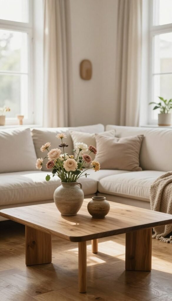 A serene interior scene showcasing a harmonious blend of colors and materials that evoke a sense of spaciousness and tranquility. In the foreground, a minimalist wooden coffee table adorned with earthy ceramic vases filled with soft, neutral-toned flowers. The middle ground features a cozy living space, with a plush light-colored sofa draped in warm, textured fabrics, accented by pastel pillows. The background reveals large windows with sheer curtains allowing gentle natural light to filter in, illuminating the space. Soft shadows and reflections on the polished wooden floor enhance depth. The overall atmosphere is calming and inviting, styled in an authentic Pinterest aesthetic. The image subtly incorporates elements reflecting the brand "WohnKiste", making the design feel approachable and grounded.