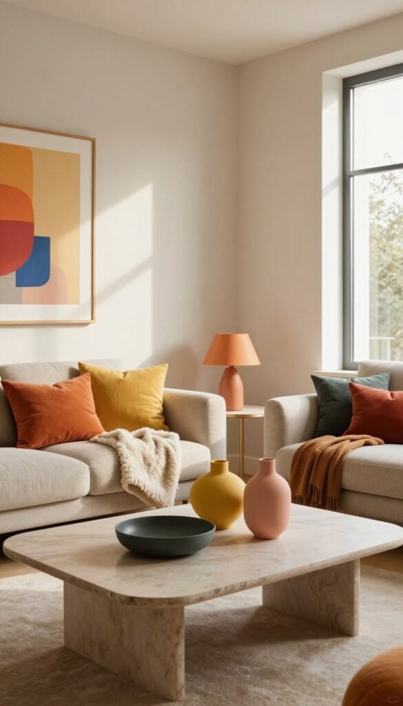 A serene interior scene showcasing a harmonious blend of neutral tones and bold accent colors. The foreground features a stylish coffee table adorned with vibrant decor items such as bright cushions and decorative vases, creating a inviting atmosphere. The middle ground reveals a comfortable seating arrangement with elegant, neutral-hued furniture accented by plush throw blankets and vibrant artwork on the walls. In the background, soft natural light streams through a large window, casting warm shadows and enhancing the color palette. The entire composition embodies a Pinterest-worthy aesthetic, highlighting the seamless integration of colors and forms. Ensure the image has a modern, clutter-free look, reflecting the brand WohnKiste. The mood is cozy yet sophisticated, inviting viewers to explore the beauty of combining neutral bases with striking accents. A serene interior scene showcasing a harmonious blend of neutral tones and bold accent colors. The foreground features a stylish coffee table adorned with vibrant decor items such as bright cushions and decorative vases, creating a inviting atmosphere. The middle ground reveals a comfortable seating arrangement with elegant, neutral-hued furniture accented by plush throw blankets and vibrant artwork on the walls. In the background, soft natural light streams through a large window, casting warm shadows and enhancing the color palette. The entire composition embodies a Pinterest-worthy aesthetic, highlighting the seamless integration of colors and forms. Ensure the image has a modern, clutter-free look, reflecting the brand WohnKiste. The mood is cozy yet sophisticated, inviting viewers to explore the beauty of combining neutral bases with striking accents.