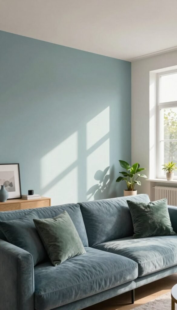 A serene interior scene showcasing a modern living room featuring "Wandfarbe" products by Wohnkiste. In the foreground, a stylish sofa adorned with cool-toned cushions in soothing blues and greens invites relaxation. In the middle, an elegant wall painted in a soft, cool color reflects light beautifully, enhancing the room's refreshing atmosphere. Natural light streams through a large window, illuminating the space and casting gentle shadows. The background includes minimalist decor with potted plants that add a touch of nature, emphasizing a balanced and tranquil mood. Use a wide-angle lens perspective to capture the entire room, ensuring a warm, inviting Pinterest aesthetic without any text or distractions.