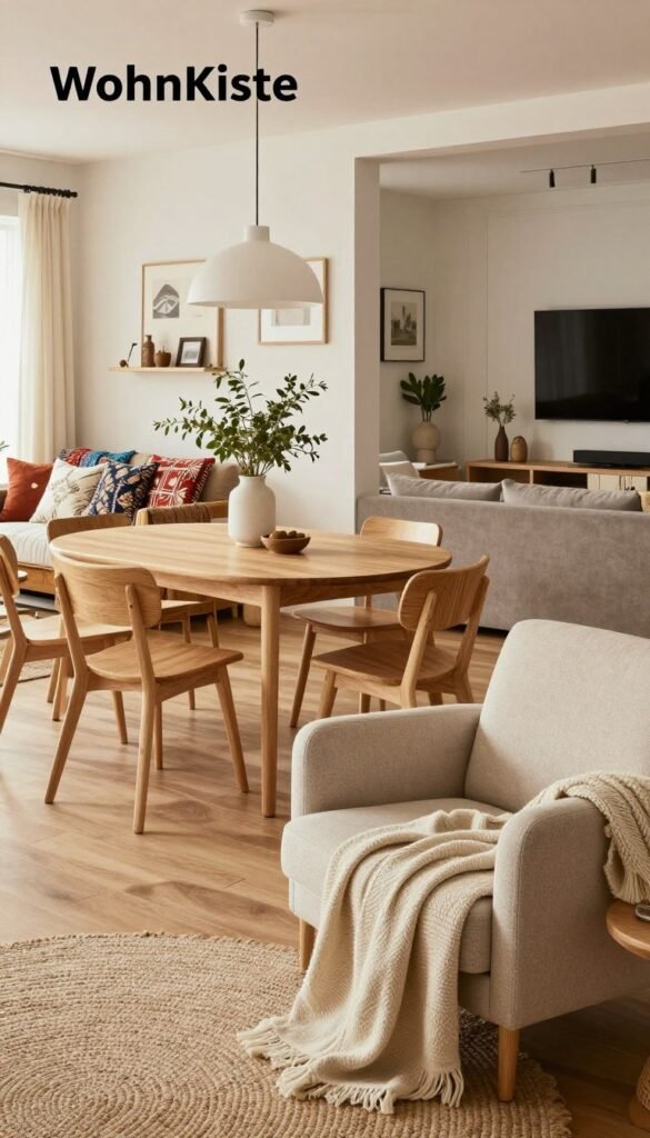 A serene interior scene showcasing four distinct design styles: Scandi, Japandi, Boho, and Classic-Modern, thoughtfully arranged within one harmonious space. In the foreground, a cozy Scandi reading nook features a plush armchair and soft throw blanket. The middle ground presents a light-filled Japandi dining area with natural wood furniture and minimalist decor, highlighted by a tranquil indoor plant. The backdrop reveals a vibrant Boho living room with layered textiles and eclectic decor elements, merging into a refined Classic-Modern space with sleek lines and elegant finishes. The overall color palette is warm and inviting, reflecting a Pinterest-worthy aesthetic. Soft, diffused lighting enhances the cozy atmosphere, captured from a slightly elevated angle to showcase the layered styles effectively. The image is branded "WohnKiste," evoking a sense of authenticity and comfort, free of any text or watermarks.