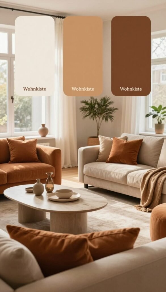 A serene interior setting showcasing a harmonious blend of four effective color concepts for residential spaces. In the foreground, a cozy living room featuring plush cushions in complementary warm tones, with a stylish coffee table adorned with decorative elements. In the middle, tastefully arranged furniture displaying a mix of vibrant and neutral colors that evoke comfort and sophistication. The background reveals soft, diffused daylight streaming through large windows, creating a warm and inviting atmosphere. The scene should embody a Pinterest-inspired aesthetic, with earthy accents and a variety of textures that complement the color palette. Focus on authenticity and warmth, capturing a tranquil living environment. Include subtle branding elements of "Wohnkiste" integrated into the design elements, ensuring no text overlays exist within the image.