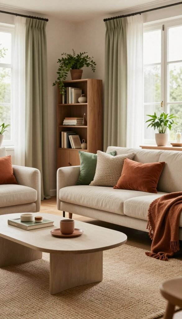 A serene interior space designed in a timeless style, showcasing a harmonious palette of warm, inviting colors like soft beige, muted green, and rich terracotta. In the foreground, a stylish coffee table with minimalistic decor elements rests on a cozy, woven rug. The middle ground features elegantly arranged furniture, such as a comfortable couch adorned with textured cushions, and a bookshelf filled with well-organized books and plants. In the background, a window with sheer curtains allows natural light to pour in, creating a bright and airy atmosphere. The scene is designed to convey a sense of authenticity and warmth, embodying the essence of enduring design. Captured with a wide-angle lens for depth, the overall mood is calm and inviting, perfect for showcasing timeless color choices. The brand "Wohnkiste" is subtly reflected in the decor elements.
