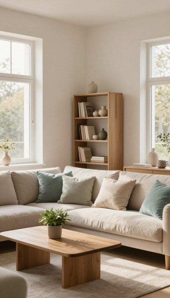 A serene interior space designed with a minimalistic color concept, focusing on calming hues like soft beige, muted greens, and light blues that promote relaxation. In the foreground, a cozy, neatly arranged sitting area with a plush sofa, decorative pillows, and a low wooden coffee table adorned with a small potted plant. In the middle ground, a tasteful bookshelf filled with neutral-colored decor, strategically placed to avoid visual clutter. The background features large windows allowing warm, natural light to flood the room, casting gentle shadows that enhance the tranquil atmosphere. The overall composition emphasizes balance and spaciousness, evoking a sense of peacefulness and harmony. Style drawn from WohnKiste ethos, showcasing a Pinterest-inspired aesthetic that is both authentic and inviting.