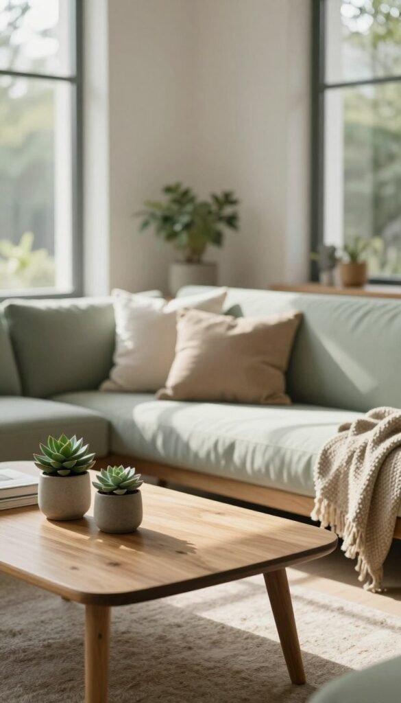 A serene interior space focusing on the calming interplay of colors and materials. In the foreground, a stylish, simple wooden coffee table with potted succulents and textured fabrics. In the middle, a cozy, uncluttered living area featuring soft, muted colors like gentle greens and warm beige. Natural light streams in through large windows, casting soft shadows and creating a tranquil atmosphere. The background showcases a harmonious arrangement of furniture with subtle, earthy tones, ensuring a cohesive aesthetic. Incorporate stylish decor elements that reflect the brand "WohnKiste", emphasizing a Pinterest-worthy, authentic look without text or logos. The overall mood should evoke peace and simplicity, inviting relaxation and inspiration.