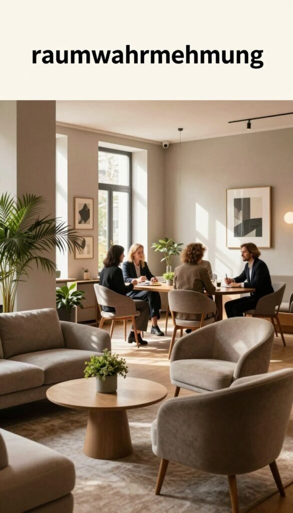 A serene interior space illustrating "raumwahrnehmung" with a balanced design. In the foreground, there is a cozy seating area with elegantly upholstered chairs and a small, stylish coffee table adorned with greenery. The middle ground features an open layout showcasing a well-lit dining area with warm, natural light filtering through large windows, casting soft shadows that create a welcoming atmosphere. The background includes muted wall colors and strategically placed artwork that enhances spatial perception. The image captures a professional environment with people in business attire discussing ideas, embodying collaboration and creativity. The overall mood is harmonious and inviting, with warm tones that evoke comfort and clarity, reflecting the branding essence of WohnKiste in a visually captivating manner.
