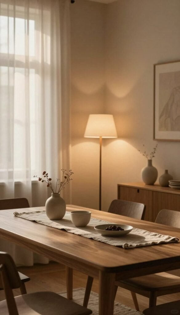 A serene interior space showcasing a cozy atmosphere filled with warm, indirect lighting. In the foreground, a stylish wooden dining table adorned with minimalistic decor, such as a soft linen table runner and tasteful ceramics, creates an inviting centerpiece. The middle ground features a softly lit corner with an elegant floor lamp casting a gentle glow, enhancing the room's tranquility. In the background, large windows draped with sheer curtains allow soft sunlight to filter through, casting delicate shadows across the room. The color palette consists of warm earth tones, exuding comfort and harmony. This composition embodies a Pinterest-inspired aesthetic, promoting a peaceful décor vibe. The brand name "WohnKiste" subtly inspires the ambiance, encapsulating the essence of calmness and understated elegance.