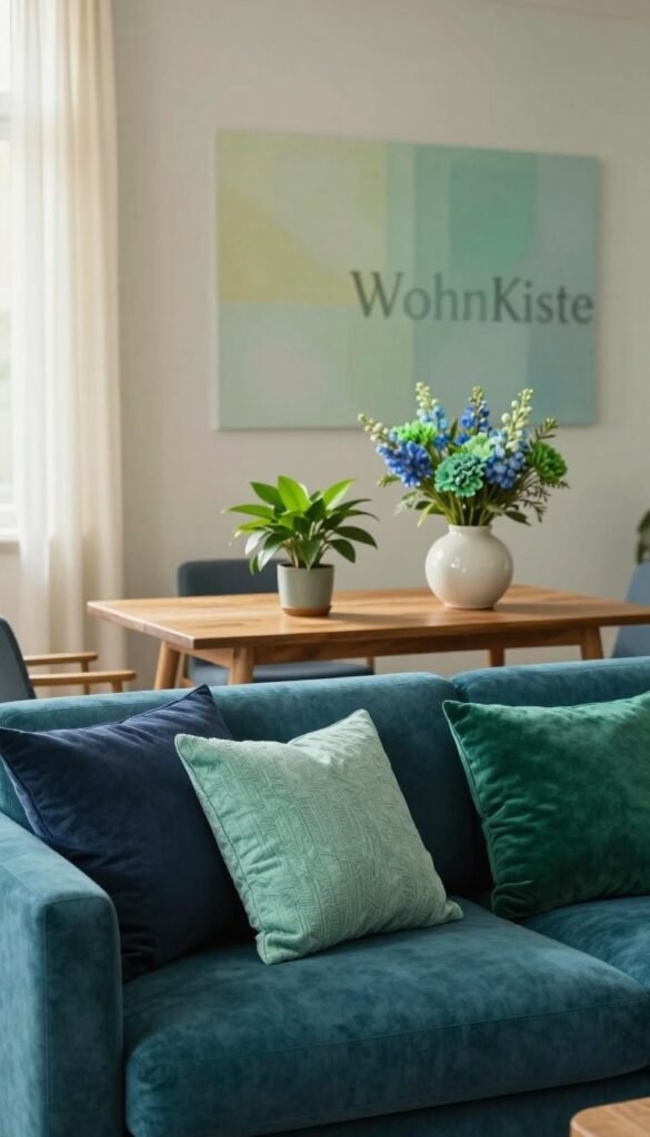 A serene interior space showcasing harmonious blue and green color concepts. In the foreground, a stylish modern sofa in a deep teal hue is adorned with various textured cushions in shades of navy, mint, and emerald. In the middle ground, a sleek coffee table made of natural wood displays decorative items: a small potted plant with vivid green leaves and a minimalist ceramic vase filled with blue and green flowers. The background features soft, faded wall art that blends complementary hues while allowing the colors to stand out. Soft, warm lighting filters through sheer curtains, creating an inviting atmosphere. The scene embodies a Pinterest-inspired aesthetic—authentic and cozy, with no text or logos—though subtly includes "WohnKiste" in themed decor elements.