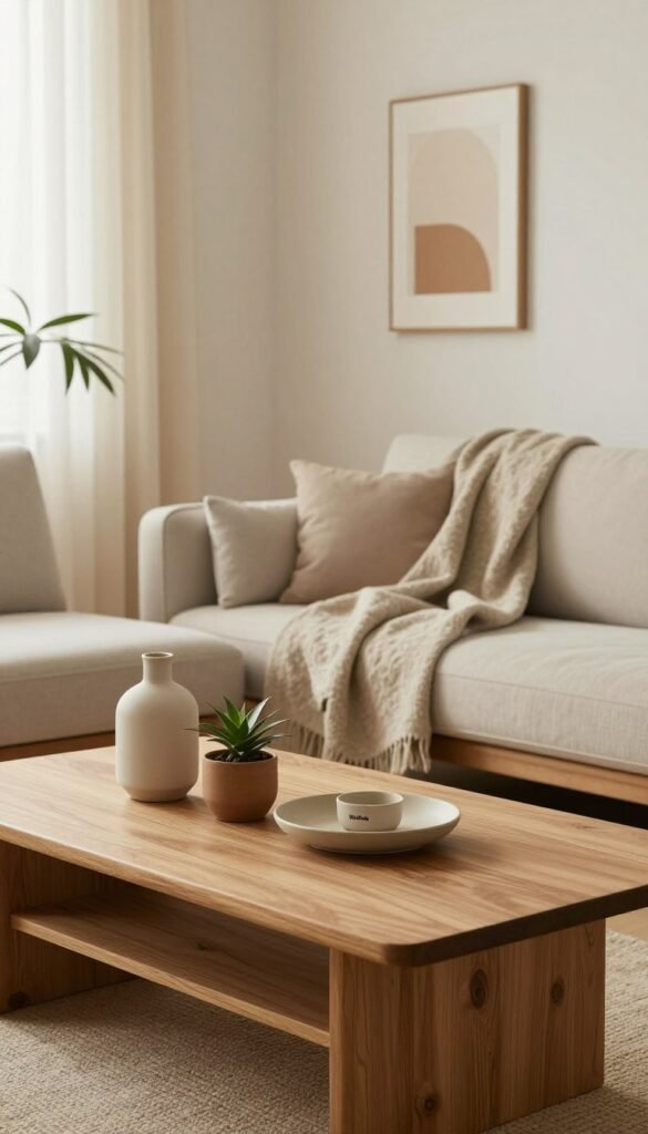 A serene interior space showcasing minimalist decor, featuring a well-organized layout of stylish home products suitable for a minimalist aesthetic. In the foreground, highlight a tasteful wooden coffee table adorned with warm-toned decorative items such as ceramic vases and a small potted plant. In the middle ground, include a sleek, modern sofa draped with a cozy, neutral-toned throw blanket, complemented by minimalist wall art. The background reveals soft, natural light filtering through sheer curtains, enhancing the warm color palette of the room. Ensure the entire scene reflects an authentic Pinterest-inspired look, embodying a welcoming and calming atmosphere without any text or branding elements aside from an unobtrusive logo of “WohnKiste” on a tasteful item.
