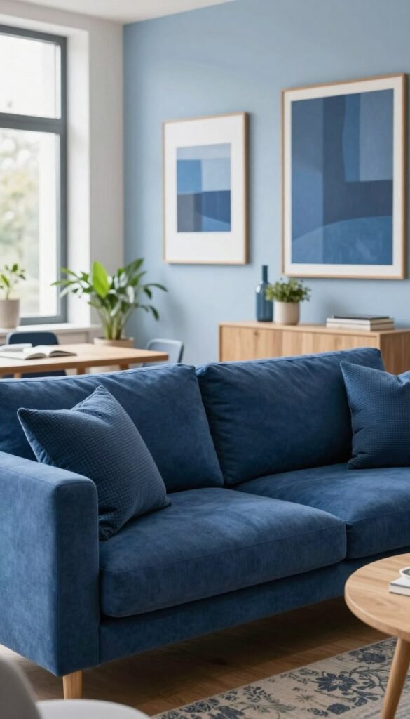 A serene interior space showcasing the color blue, emphasizing a modern aesthetic. In the foreground, a stylish blue sofa adorned with textured cushions creates a cozy seating area. The middle ground features a light wooden coffee table with indoor plants, enhancing the fresh and vibrant atmosphere. The background reveals a softly lit room with large windows allowing natural light to flood in, reflecting off light blue walls. Stylish art pieces in varying shades of blue accentuate the decor, while warm tones from decorative elements provide a harmonious contrast. The overall mood is calm and inviting, capturing the essence of contemporary living. The image embodies the brand "Wohnkiste," representing modern elegance and tranquility without any text or watermarks.