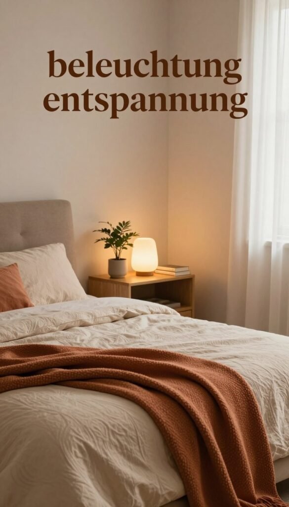 A serene, inviting bedroom scene that reflects relaxation and comfort, designed with a Pinterest aesthetic. In the foreground, a neatly made bed with soft, textured linens in warm, earthy tones like beige and terracotta. A cozy blanket is casually draped. In the middle, elegant decor elements such as a bedside table with a small plant and a softly glowing lamp, exuding a warm ambiance. Books are stacked neatly nearby, promoting a sense of tranquility. The background features calming walls in light, muted colors, with warm, diffused lighting creating a soothing atmosphere. Natural light filters through sheer curtains, enhancing the peaceful vibe. This scene embodies the concept of “beleuchtung entspannung,” emphasizing harmony and balance in a well-organized space. Include subtle branding for "WohnKiste" in decor.