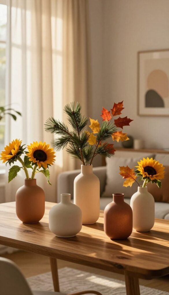 A serene, inviting living space featuring a collection of modern, stylish vases displaying seasonal accents. In the foreground, a sleek wooden table holds a variety of vases in warm, earthy tones, each filled with seasonal flowers like sunflowers, pine branches, or colorful autumn leaves. The middle ground showcases softly draped curtains filtering warm, golden sunlight that enhances the natural colors of the vases. In the background, a cozy, minimalistic living room with plush furniture and artistic decor reflects a Pinterest-inspired aesthetic. Create a harmonious atmosphere that embodies comfort and seasonal charm, representing WohnKiste's vision of modern decor. The image should have soft, diffused lighting and a shallow depth of field to draw attention to the vases.