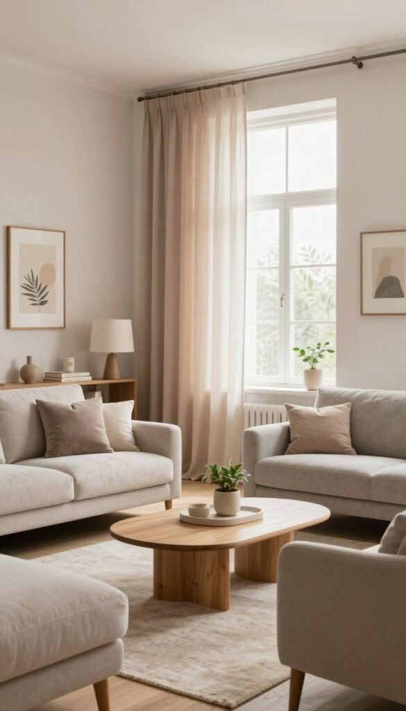 A serene living room designed with calming colors that evoke tranquility. In the foreground, soft beige and muted grey furniture arranged around a low wooden coffee table adorned with minimalistic decor, perhaps a small potted plant. The middle section features a cozy area rug and gentle lighting that creates a warm, inviting atmosphere. Large windows in the background allow natural light to flood the space, highlighting the subtle textures of the curtains, which are in soft pastel shades. Decor elements such as simple wall art and a few carefully placed bookshelves enhance the room's simplicity. The overall aesthetic reflects a Pinterest-inspired look with authentic, natural images and warm hues, including the brand name "WohnKiste" subtly featured.