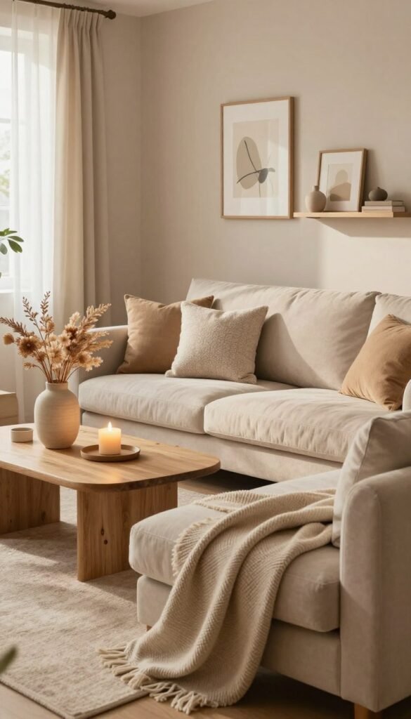 A serene living room scene showcasing a tasteful arrangement of home accessories and textiles. In the foreground, a plush, neutral-colored sofa adorned with textured cushions and an elegant throw blanket. The middle ground features a stylish coffee table with natural decor items such as a vase of soft, dried flowers and a warm-hued candle. In the background, walls painted in soothing pastel tones host framed art pieces and minimalistic shelves displaying carefully curated decor. The room is bathed in warm, natural light filtering through sheer curtains, enhancing the cozy atmosphere. Ensure a Pinterest aesthetic with authentic detailing. Showcase the brand "WohnKiste" subtly within the decor elements, creating a harmonious and inviting space for relaxation.