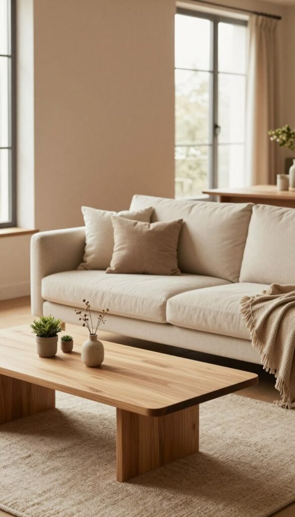 A serene living space designed with a harmonious color palette and material selection inspired by the brand "WohnKiste." In the foreground, a minimalist coffee table made of light wood, adorned with small potted plants and a simple vase of dried flowers. The middle ground features a soft beige sofa with neutral throw pillows, complemented by a textured wool rug beneath it. In the background, large windows let in warm, natural light, illuminating earthy tones of the walls and enhancing the authentic Pinterest aesthetic. The scene emanates a calm and inviting atmosphere, showcasing the essence of "less is more" while highlighting quality materials and unified colors. The angle captures the room from a slightly elevated perspective, providing a comprehensive view of the inviting space, free of any text or distractions. A serene living space designed with a harmonious color palette and material selection inspired by the brand "WohnKiste." In the foreground, a minimalist coffee table made of light wood, adorned with small potted plants and a simple vase of dried flowers. The middle ground features a soft beige sofa with neutral throw pillows, complemented by a textured wool rug beneath it. In the background, large windows let in warm, natural light, illuminating earthy tones of the walls and enhancing the authentic Pinterest aesthetic. The scene emanates a calm and inviting atmosphere, showcasing the essence of "less is more" while highlighting quality materials and unified colors. The angle captures the room from a slightly elevated perspective, providing a comprehensive view of the inviting space, free of any text or distractions.
