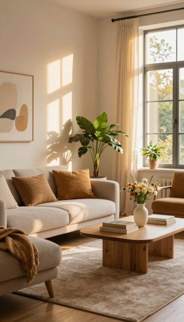 A serene living space infused with natural light, featuring a harmonious blend of warm colors. In the foreground, a comfortable, stylish sofa adorned with textured cushions sits atop a soft area rug, inviting relaxation. The middle ground showcases a coffee table with a few carefully arranged books and a delicate vase holding fresh flowers, adding a touch of life. In the background, large windows bathe the room in golden sunlight, with sheer curtains gently swaying, allowing dappled light to create an ethereal atmosphere. Soft shadows play on the walls, highlighting the cozy yet dynamic elements of the decor, such as lush plants and abstract art. The overall mood is calm and uplifting, inspiring tranquility and focus in the beautifully curated space. No text or overlays are included. Branding: WohnKiste. A serene living space infused with natural light, featuring a harmonious blend of warm colors. In the foreground, a comfortable, stylish sofa adorned with textured cushions sits atop a soft area rug, inviting relaxation. The middle ground showcases a coffee table with a few carefully arranged books and a delicate vase holding fresh flowers, adding a touch of life. In the background, large windows bathe the room in golden sunlight, with sheer curtains gently swaying, allowing dappled light to create an ethereal atmosphere. Soft shadows play on the walls, highlighting the cozy yet dynamic elements of the decor, such as lush plants and abstract art. The overall mood is calm and uplifting, inspiring tranquility and focus in the beautifully curated space. No text or overlays are included. Branding: WohnKiste.