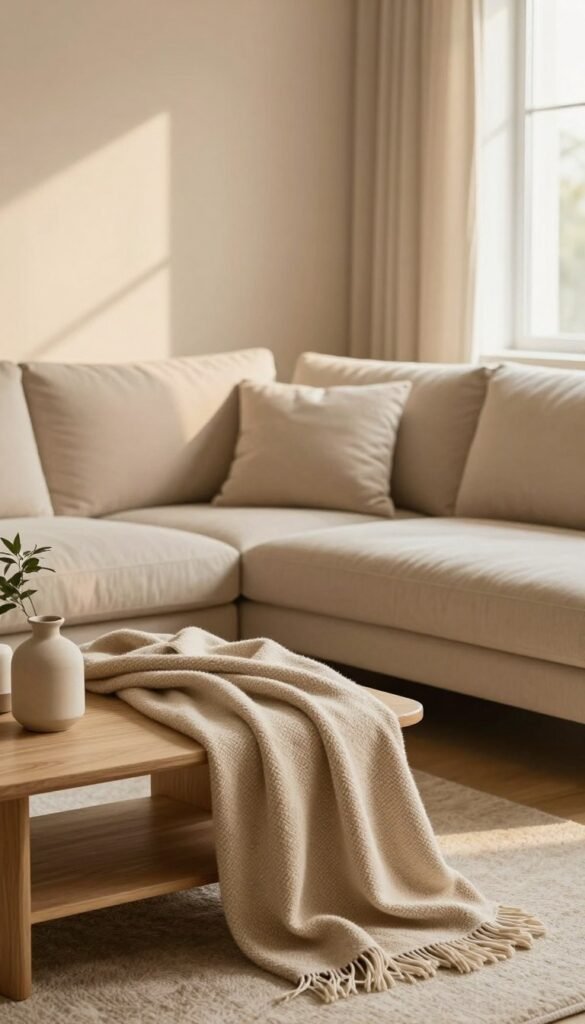 A serene living space showcasing the color beige as the primary theme. In the foreground, a soft, textured beige throw blanket is draped over a light oak coffee table, adorned with minimalistic decorative items like a ceramic vase and small potted plants. The middle ground features a cozy, beige sofa with plush cushions, invitingly arranged, and a stylish rug that complements the color palette. In the background, a softly lit window allows warm, natural light to pour in, illuminating the beige wall with subtle shadows, enhancing the textures. The overall atmosphere is calm and inviting, evoking a sense of elegance and comfort. The image should reflect a Pinterest-worthy aesthetic, embodying the brand "WohnKiste," focusing on authenticity and warmth without any text or overlays.