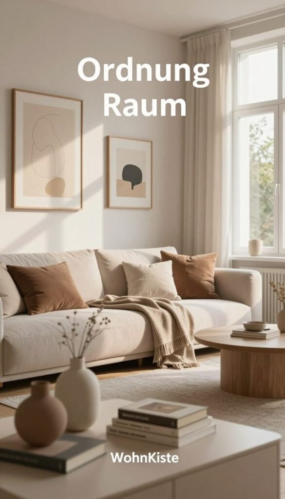 A serene living space showcasing the concept of "Ordnung Raum" by WohnKiste. In the foreground, neatly arranged decorative items, including minimalistic vases and curated books, create a tidy and inviting atmosphere. The middle features a cozy seating area with an elegant, soft couch adorned with neutral-toned cushions and a tasteful throw blanket. Decorative wall art hangs strategically, adding character without overwhelming the space. In the background, large windows filter warm, natural light, casting gentle shadows and enhancing the harmonious color palette of earthy tones and soft whites. The scene conveys a peaceful and orderly environment, reminiscent of popular Pinterest aesthetics, free of any textual elements. The overall mood is calm and inviting, ideal for illustrating balance in home decor.