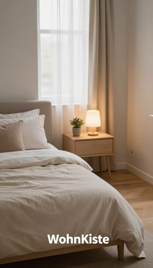 A serene, minimalist bedroom reflecting the "WohnKiste" aesthetic, featuring a clean, organized layout. The foreground showcases a neatly made bed with soft, neutral-colored linens and a few decorative pillows. In the middle, a stylish bedside table with a small plant and a warm, inviting lamp casts a gentle glow. The background reveals a window with sheer curtains allowing natural light to filter in, highlighting the warm wooden tones of the floor and walls. The atmosphere is calm and cozy, evoking a Pinterest-worthy space that inspires clarity and tranquility. Focus on soft, natural lighting, with a soft depth of field for an inviting feel. A serene, minimalist bedroom reflecting the "WohnKiste" aesthetic, featuring a clean, organized layout. The foreground showcases a neatly made bed with soft, neutral-colored linens and a few decorative pillows. In the middle, a stylish bedside table with a small plant and a warm, inviting lamp casts a gentle glow. The background reveals a window with sheer curtains allowing natural light to filter in, highlighting the warm wooden tones of the floor and walls. The atmosphere is calm and cozy, evoking a Pinterest-worthy space that inspires clarity and tranquility. Focus on soft, natural lighting, with a soft depth of field for an inviting feel.