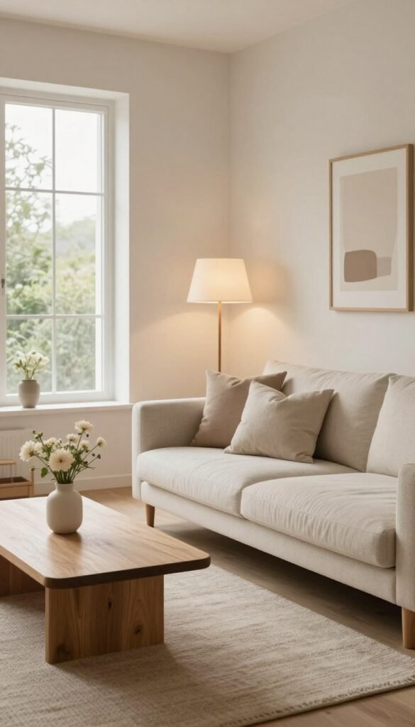 A serene minimalist living room featuring warm, neutral tones. In the foreground, a cozy fabric sofa adorned with plush throw pillows sits against a simple wooden coffee table with a delicate vase of fresh flowers. The middle of the scene includes a softly textured area rug that adds warmth, complemented by a stylish floor lamp providing gentle, ambient light. In the background, large windows let in natural light, showcasing a view of greenery outside. The walls are decorated with subtle, framed abstract art in soft hues, enhancing the tranquil atmosphere. The overall design reflects "WohnKiste" principles, creating an inviting yet minimalist space that feels warm and welcoming, perfect for everyday living. No text or watermarks are present in the image.