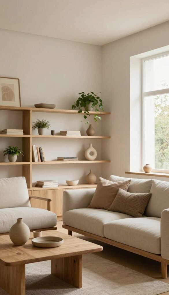 A serene minimalist living space by Wohnkiste, showcasing warm natural materials like light wood and soft textiles, arranged harmoniously. In the foreground, a cozy beige sofa with textured cushions invites relaxation, complemented by a simple wooden coffee table with a few artisanal decor pieces. The middle ground features an elegantly designed shelving unit displaying plants and curated objects, emphasizing clean lines and functionality. Soft, diffused lighting enhances the warm color palette, creating an inviting atmosphere. A large window in the background allows natural light to flood the room, highlighting the organic shapes and muted earth tones of the decor, while maintaining a stylish yet comfortable vibe. This space embodies the essence of minimalism without feeling cold, inviting the viewer to appreciate its warmth and simplicity.
