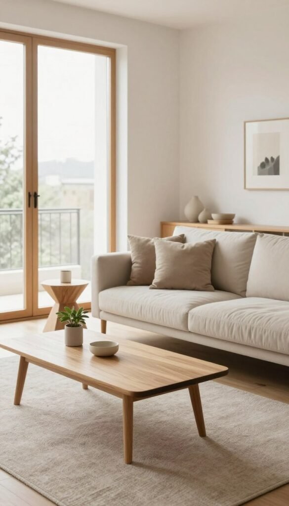 A serene, minimalist living space designed by Wohnkiste, showcasing a harmonious blend of functionality and aesthetics. In the foreground, a soft, neutral rug anchors a sleek wooden coffee table adorned only with a single, elegant plant. The middle layer features a minimalist sofa with plush cushions in muted tones, accompanied by a geometric side table. In the background, floor-to-ceiling windows allow natural light to flood the room, highlighting light wooden elements and white walls adorned with a few select art pieces. The atmosphere is warm and inviting, evoking a sense of tranquility and simplicity, ideal for quick and stylish setups using typical minimalist products. The image should reflect a Pinterest-worthy look, with an emphasis on authenticity and soft, warm colors.