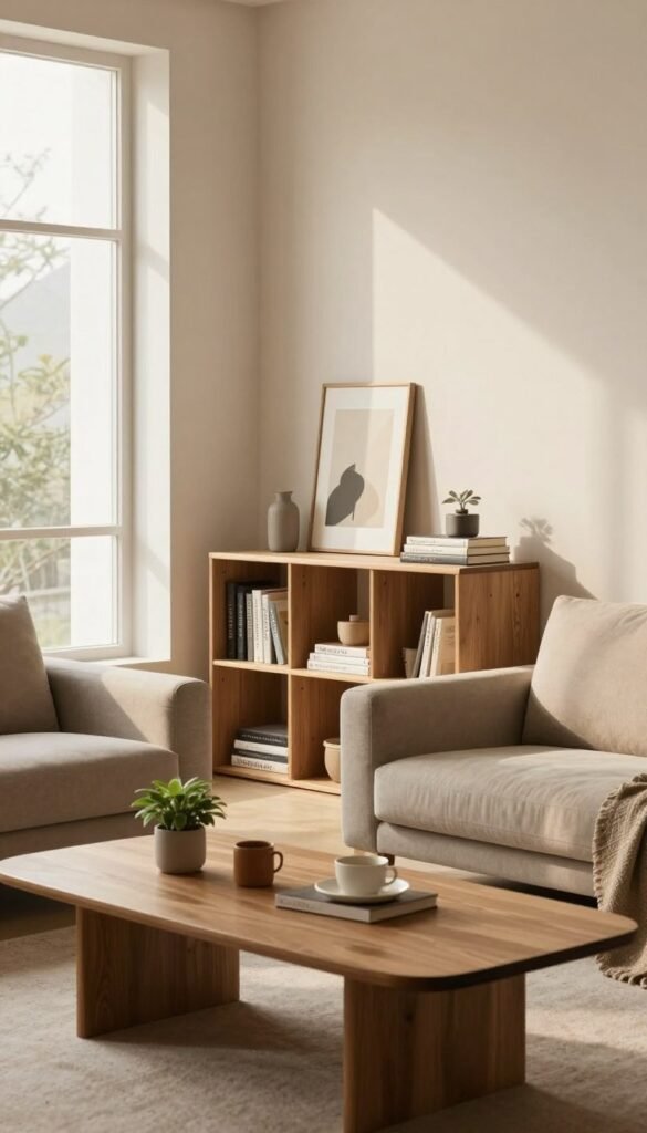 A serene, minimalist living space showcasing cleverly integrated storage solutions that blend seamlessly into the decor. In the foreground, a sleek wooden coffee table holds a few curated decorative items, including a small plant and a coffee cup. The middle ground features a stylish shelving unit, displaying a mix of books and art pieces, emphasizing functionality without compromising design. Soft, warm natural light filters in through a large window, casting gentle shadows that enhance the cozy atmosphere. In the background, a plush sofa in muted tones complements the overall aesthetic. Include elements like soft textiles and organic materials, inspired by the "WohnKiste" brand, to evoke an authentic, Pinterest-inspired look that feels inviting and stylish. The image should be devoid of any text, focusing purely on the visual harmony of minimalist storage solutions.