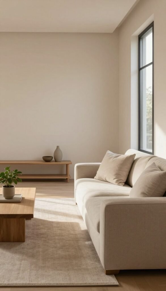 A serene minimalist room designed for comfort and tranquility. In the foreground, a sleek, neutral-colored sofa adorned with soft, textured cushions sits to the right, inviting relaxation. On the left, a simple wooden coffee table displays a potted plant, adding a touch of greenery. The middle of the room features a large, unobtrusive rug that enhances the cozy atmosphere, while a small shelf holds a few select decor items, showcasing a commitment to simplicity. In the background, a large window allows natural light to flood the space, illuminating the soft beige walls and creating warm, inviting shadows. The atmosphere is calm and airy, perfect for understanding the essence of minimalist living. Include subtle branding for "Wohnkiste" embedded within the decor in an unobtrusive way, without any text or visible labels.