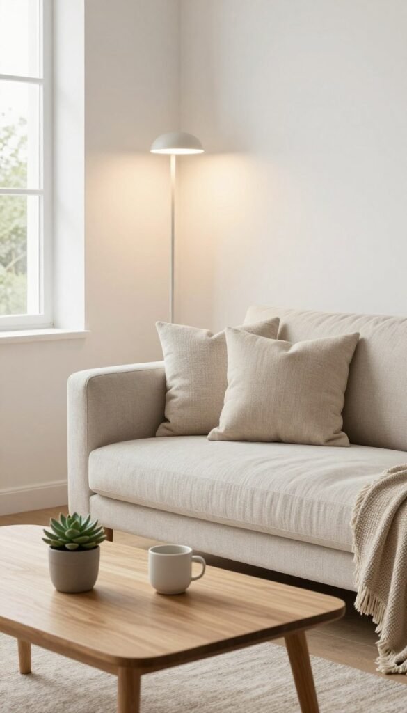 A serene minimalistic room designed for a modern lifestyle. In the foreground, a simple wooden coffee table with a single potted succulent and a minimalist ceramic cup. The middle section features a soft, neutral-colored couch adorned with textured, monochromatic cushions, placed against a light wall. A tall, sleek floor lamp casts warm, inviting light, enhancing the cozy atmosphere. In the background, a window allows natural light to flood in, revealing a glimpse of greenery outside. The overall color palette comprises soft whites, beiges, and warm earth tones, embodying the “less is more” philosophy. The composition evokes tranquility and simplicity, reminiscent of Pinterest aesthetics, and reflects the WohnKiste brand. The absence of any text ensures a clean visual narrative.