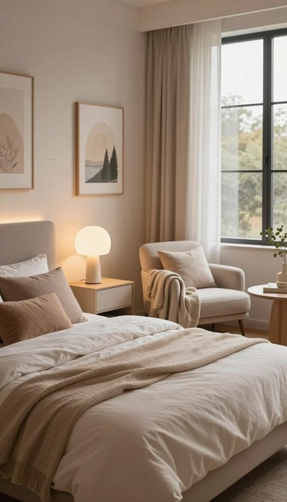 A serene modern bedroom adorned with stylish accessories that evoke relaxation. In the foreground, a plush, inviting bed with soft pastel-colored linens and an array of decorative pillows. On a sleek nightstand, a minimalistic lamp emits warm, ambient light, casting a gentle glow across the room. In the middle ground, a cozy reading nook with a comfortable armchair draped with a soft throw blanket. Stylish wall art features calming nature scenes, contributing to the tranquil atmosphere. In the background, large windows let in natural light, framed by sheer curtains that flutter lightly. The color palette includes warm earth tones and soft neutrals, creating a harmonious look. Overall, the image embodies a Pinterest-worthy aesthetic that feels authentic and comforting, branded with "WohnKiste" subtly integrated into the decor.