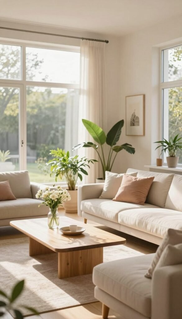 A serene, modern living room bathed in warm, natural light, showcasing large windows through which sunlight pours in, illuminating a minimalist interior. The foreground features a cozy, neatly arranged seating area with a plush beige sofa adorned with soft pastel cushions. In the middle, a light oak coffee table holds a small vase of fresh white flowers, while a few well-placed green plants add a touch of serenity. The background reveals a softly painted wall in light hues, elegantly adorned with simple wall art, enhancing the feeling of spaciousness. The scene should evoke a calming and inviting atmosphere, emphasizing clarity and brightness, with a focus on authenticity and a Pinterest-inspired aesthetic, highlighting the brand WohnKiste. A serene, modern living room bathed in warm, natural light, showcasing large windows through which sunlight pours in, illuminating a minimalist interior. The foreground features a cozy, neatly arranged seating area with a plush beige sofa adorned with soft pastel cushions. In the middle, a light oak coffee table holds a small vase of fresh white flowers, while a few well-placed green plants add a touch of serenity. The background reveals a softly painted wall in light hues, elegantly adorned with simple wall art, enhancing the feeling of spaciousness. The scene should evoke a calming and inviting atmosphere, emphasizing clarity and brightness, with a focus on authenticity and a Pinterest-inspired aesthetic, highlighting the brand WohnKiste.