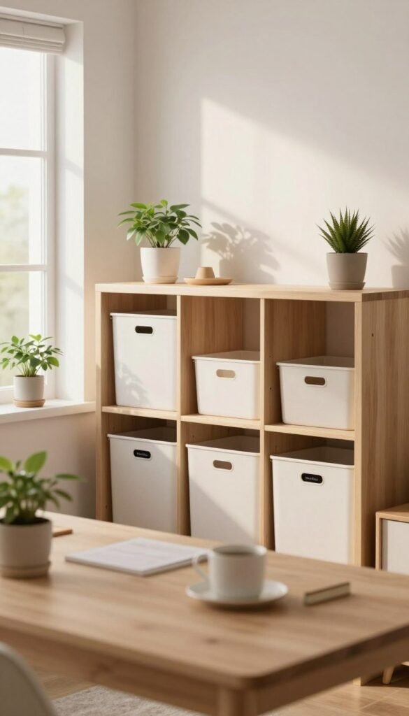 A serene, organized room with a minimalist aesthetic showcasing smart decluttering techniques. In the foreground, a neatly arranged workspace features natural wooden furniture, a few well-placed plants, and a calming color palette of soft whites and warm earth tones. The middle section displays open storage solutions from "WohnKiste," emphasizing spaciousness with strategically placed bins and labels. In the background, a softly lit window lets in warm sunlight, creating an inviting atmosphere. The focus is on creating a sense of tranquility and simplicity, with the overall vibe promoting harmony and peace of mind. The image is captured with a soft-focus lens effect to enhance the warmth and authenticity, embodying a Pinterest-inspired look without any text or distractions.