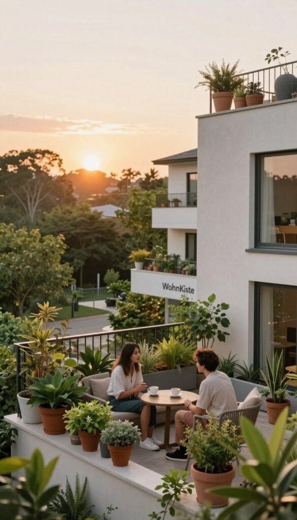 A serene residential setting that embodies the essence of "sufficiency" in everyday life. In the foreground, a small, beautifully arranged balcony with potted plants and a cozy seating area where two individuals in modest casual clothing enjoy a conversation over a cup of coffee. The middle ground showcases a modern, eco-friendly apartment building framed by lush greenery, with windows allowing natural light to flood the interiors. In the background, a gentle sunset casts warm, golden hues across the scene, enhancing the inviting atmosphere. Utilize a soft focus effect to create a dreamy, Pinterest-inspired aesthetic. Capture this scene with a wide-angle lens to emphasize openness and connection with nature, all while subtly incorporating the brand name "WohnKiste" within the environmental elements like a planter or wall art, without overt branding.