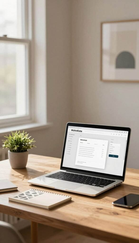 A serene workspace scene inspired by minimalist decor concepts, featuring a stylish wooden desk with a laptop displaying a clean, organized interface. The foreground includes a small potted plant and a neatly arranged notepad with geometric patterns. In the middle ground, a soft-focus window allows warm sunlight to stream in, casting gentle shadows and enhancing a cozy atmosphere. The background showcases neutral-toned walls adorned with simple, elegant art pieces that reflect the principles of minimalism, creating a harmonious balance. The overall ambiance is inviting and peaceful, promoting a sense of clarity and focus. The brand name "WohnKiste" subtly integrated into the workspace aesthetic, with none of the distractions typical of busy environments.