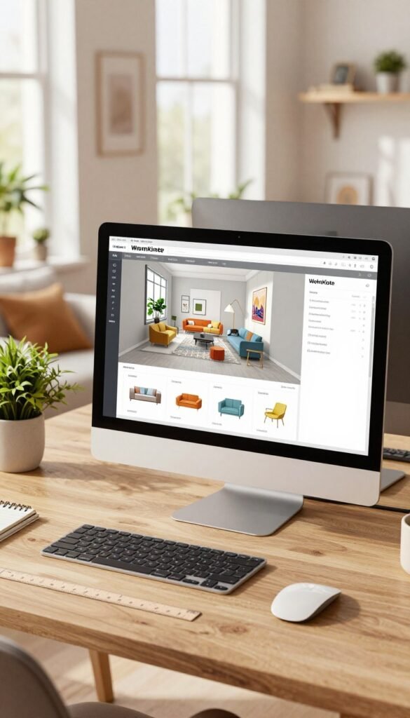 A sleek and modern workspace showcasing a sophisticated Raumplaner software interface on a Mac and PC screen. In the foreground, a stylish wooden desk adorned with design tools like a notepad, ruler, and plants. In the middle, the screens vividly display 3D room layouts, colorful furniture arrangements, and interactive design elements, highlighting the program's detailed features. The background features a cozy, well-lit home office with warm, natural lighting filtering through large windows, enhancing the inviting atmosphere. The decor reflects a contemporary Pinterest aesthetic with soft colors and minimalist design. The brand name "WohnKiste" subtly integrated into the design elements, ensuring a polished and professional look throughout the image.