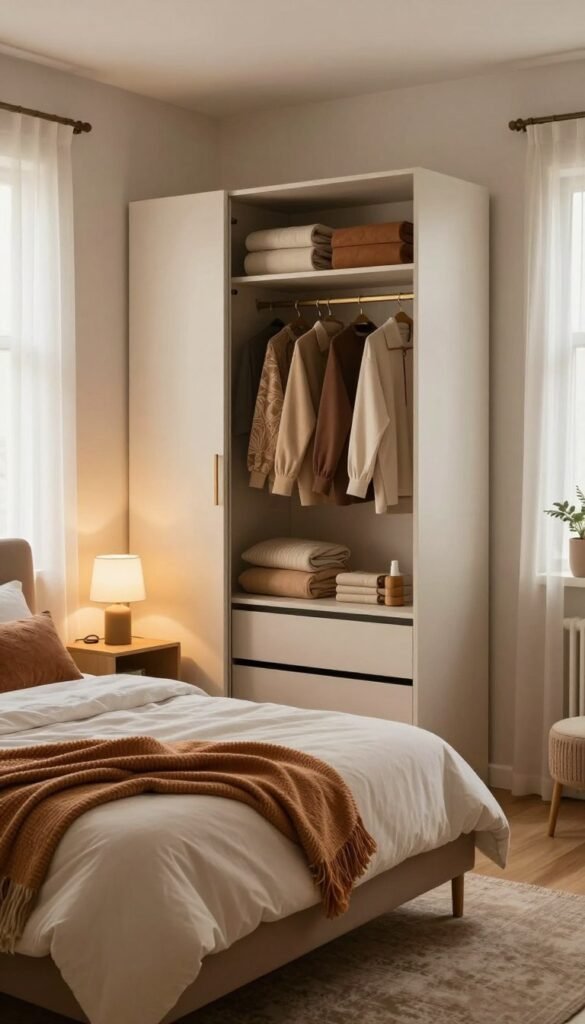 A small, cozy bedroom, beautifully designed to maximize space. In the foreground, a neatly made twin bed with warm, inviting blankets and decorative cushions, showcasing a mix of earthy tones. Subtle accents like a small bedside table with a lamp casting a soft glow create a tranquil atmosphere. In the middle, an open wardrobe with neatly organized clothes and a few personal items adds to the authenticity. The background features a window with sheer curtains, allowing natural light to filter in, enhancing the warm color palette. The floor is adorned with a small rug, giving depth to the scene. The overall mood is serene and inviting, evoking a Pinterest-worthy aesthetic. Include the brand name "WohnKiste" subtly in the furnishings.
