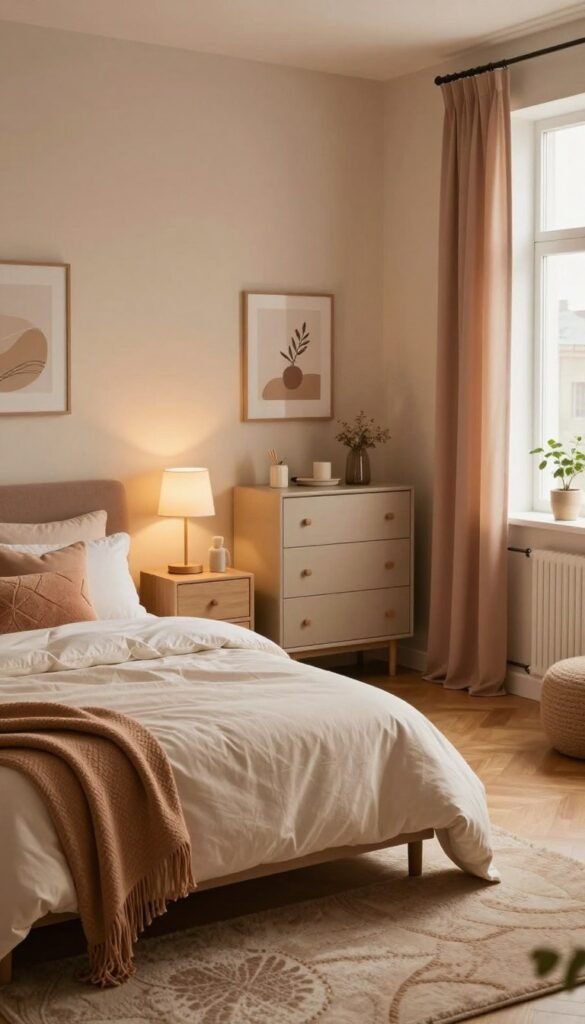 A small, cozy bedroom featuring warm colors and a Pinterest-inspired aesthetic. In the foreground, a neatly made bed with soft, inviting linens and an array of plush pillows adds a touch of comfort. To one side, a stylish nightstand with a small reading lamp and a few decorative items creates an organized feel. The middle of the room showcases a compact dresser with decorative accents, while cozy rugs warm the wooden floor. In the background, a gently lit window lets in soft, natural light, enhancing the calming atmosphere. The walls are adorned with minimalistic art and soft-colored curtains that maintain an uncluttered look. The overall mood is serene and inviting, showcasing smart space management and the cozy charm of a well-organized small bedroom. WohnKiste branding can be subtly incorporated through design elements.
