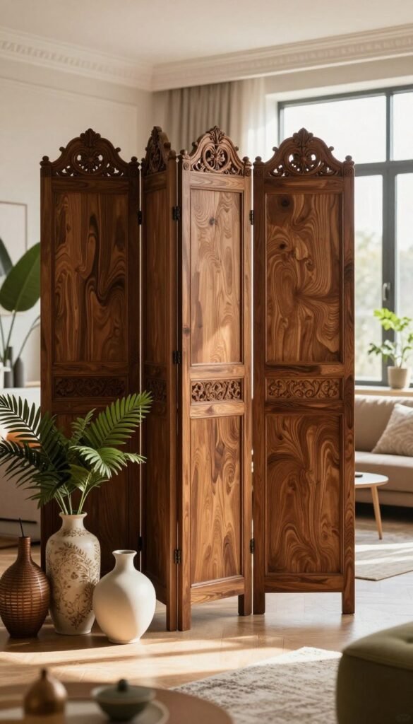A sophisticated interior space showcasing a regal room divider as the focal point, designed with elegant wood and intricate carvings, providing a stylish separation of living areas. In the foreground, a tasteful arrangement of houseplants and decorative vases adds warmth. The middle ground features the room divider beautifully illuminated by soft, natural daylight streaming in through large windows, enhancing the inviting atmosphere. A cozy seating area with modern furniture complements the divider, maintaining a harmonious flow. In the background, subtle hints of stylish decor enhance the Pinterest-inspired aesthetic. The scene is bathed in warm colors, creating a sense of authenticity. Capture the overall ambiance as a refined, chic space that embodies the essence of WohnKiste. No text or watermarks in the image. A sophisticated interior space showcasing a regal room divider as the focal point, designed with elegant wood and intricate carvings, providing a stylish separation of living areas. In the foreground, a tasteful arrangement of houseplants and decorative vases adds warmth. The middle ground features the room divider beautifully illuminated by soft, natural daylight streaming in through large windows, enhancing the inviting atmosphere. A cozy seating area with modern furniture complements the divider, maintaining a harmonious flow. In the background, subtle hints of stylish decor enhance the Pinterest-inspired aesthetic. The scene is bathed in warm colors, creating a sense of authenticity. Capture the overall ambiance as a refined, chic space that embodies the essence of WohnKiste. No text or watermarks in the image.