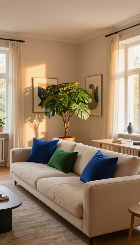 A sophisticated living room setting designed by Wohnkiste, featuring elongated and narrow dimensions to illustrate tips for spatial correction. The foreground showcases a sleek, minimalist sofa in a warm beige tone, accentuated by vibrant cushions in deep indigo and forest green. In the middle ground, a stylish coffee table holds a vibrant, oversized plant which adds life and texture. The walls are painted in a soft pastel, enhancing the feeling of space, while framed art pieces with abstract designs create visual interest. The background reveals large windows with sheer curtains, allowing warm, golden light to flood the area, casting gentle shadows. The mood is inviting and harmonious, embodying a Pinterest-inspired aesthetic with natural colors and a cozy atmosphere, perfect for an article on color effects in room design.