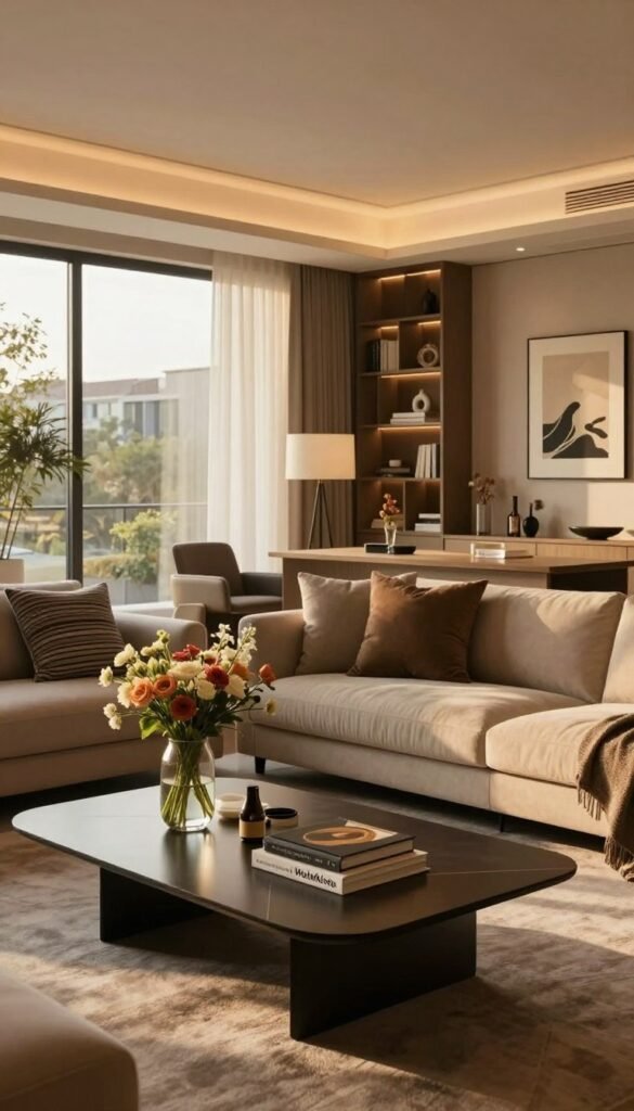 A sophisticated mid-range design concept showcasing a modern living space that emphasizes functionality and aesthetics. In the foreground, feature a stylish coffee table adorned with elegant decor, such as a vase with fresh flowers and carefully arranged decorative books. The middle ground presents a comfortable, contemporary seating area with plush sofas and a sleek rug, bathed in warm, inviting light from large windows. The background includes tastefully designed shelving and framed art pieces that give the room character. The overall atmosphere is warm and inviting, reflecting authenticity with a Pinterest-inspired aesthetic. The lighting should evoke a cozy afternoon glow, captured with a wide-angle lens for depth. Include subtle branding for "WohnKiste" integrated into the decor elements, ensuring there is no text overlay in the image.