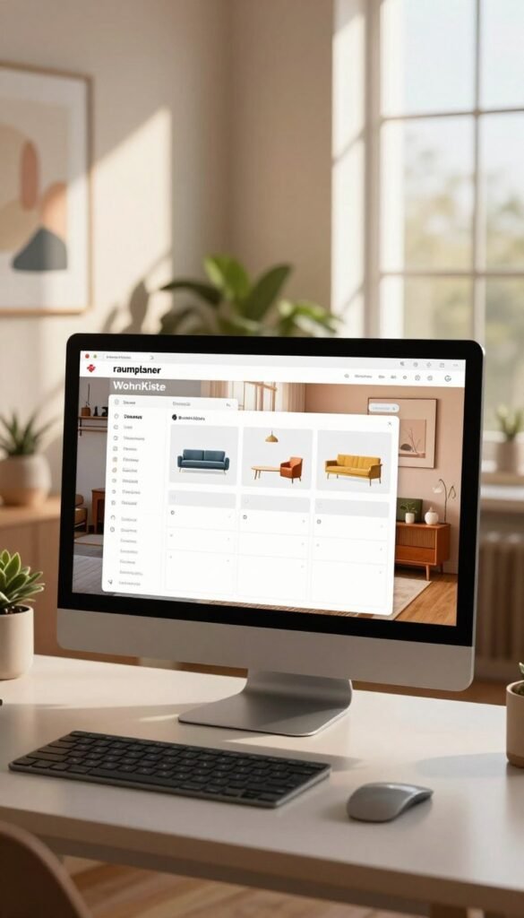 A sophisticated workspace design tool, "raumplaner", displayed on a sleek modern desk. In the foreground, the interface of the software is vividly shown on a high-resolution monitor, featuring intuitive drag-and-drop functionality for furniture arrangement. The middle ground highlights a cozy, stylish room layout with warm color schemes, showcasing a harmonious blend of furniture and decorations. Sunlight streams through a large window, casting soft shadows, creating an inviting atmosphere. The background features elegant design elements like potted plants and art pieces, giving depth and context. This natural and authentic scene is enhanced by a Pinterest-style aesthetic. The brand name "WohnKiste" is subtly reflected within the application interface, emphasizing its professional design utility.