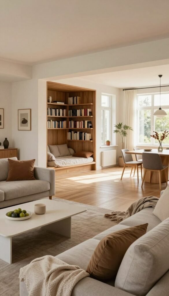 A spacious and inviting living room designed with distinct zones instead of full walls, showcasing innovative use of space. In the foreground, a modern sofa adorned with neutral cushions and a soft throw is positioned beside a sleek coffee table. In the middle, a stylish bookshelf frames a cozy reading nook, while an elegant dining area transitions seamlessly into the space. The background features large windows allowing natural light to flood in, highlighting warm colors and textures throughout. Use a wide-angle lens perspective to capture the open layout. The atmosphere is calm and inspiring, reflecting a Pinterest-worthy aesthetic that feels both authentic and homey. Include subtle branding elements from "WohnKiste" integrated into decor items, ensuring no text overlays are present.