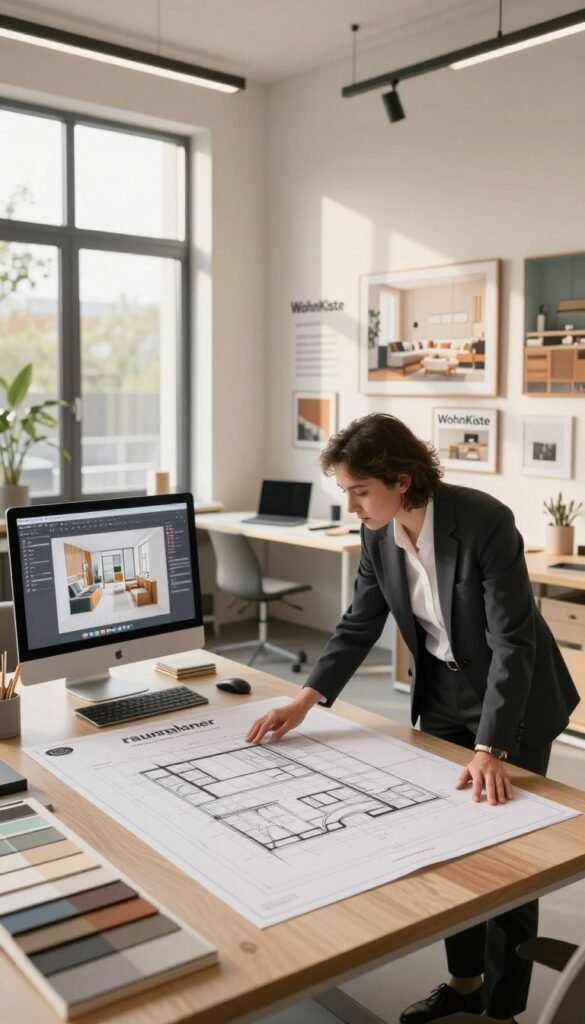 A spacious and modern interior design studio showcases a sophisticated "raumplaner" in action. In the foreground, a professional designer, dressed in smart business attire, intently examines a stylish architectural plan on a large drafting table. The middle ground features an array of high-quality materials, color swatches, and a sleek computer displaying 3D design software. The background reveals large windows that let in soft, warm sunlight, illuminating various finished room layouts and decor styles. The atmosphere is creative and inspiring, filled with natural light and inviting colors, embodying the essence of thoughtful space planning. The brand name "WohnKiste" is subtly integrated into the design elements of the workspace, enhancing the authenticity of the scene.
