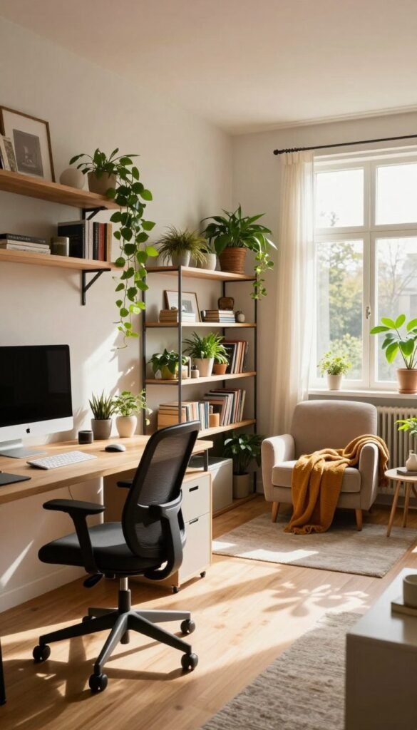 A spacious and modern room layout designed by WohnKiste, featuring a blend of functional furniture and smart space-saving solutions. In the foreground, a stylish desk with a sleek computer and ergonomic chair invite productivity, while a cozy reading nook with a plush armchair and warm blankets adds a touch of comfort. The middle of the image showcases an open floor plan with modular shelving and vibrant plants, promoting a sense of organization and tranquility. In the background, large windows allow natural light to flood the space, casting soft shadows on the wooden floor and emphasizing the inviting atmosphere. The overall mood is warm and welcoming, embodying a Pinterest-inspired aesthetic that illustrates creative and thoughtful room design solutions.