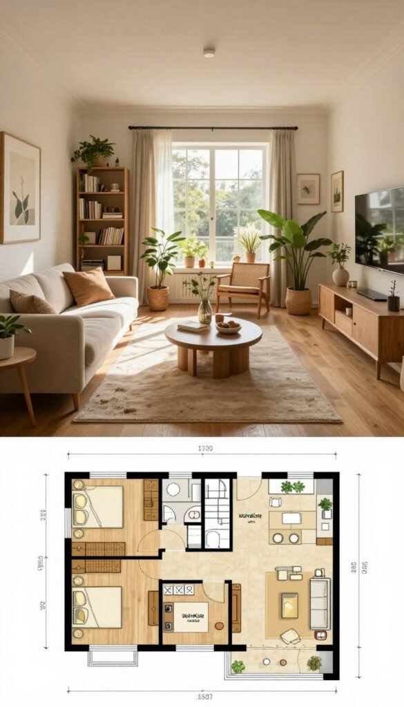 A spacious, architecturally designed living room layout, highlighted in warm, natural colors reflecting a Pinterest aesthetic. In the foreground, a detailed floor plan of the room showcases furniture arrangements, including a cozy sofa, stylish coffee table, and elegant bookshelves. The middle ground features a beautifully decorated living space, with tasteful decorative items like potted plants and artwork that evokes a harmonious atmosphere. The background reveals a large window allowing soft, natural light to stream in, accentuating the inviting ambiance. The scene is depicted with a high-resolution lens effect to ensure clarity of details, capturing the essence of effective space planning. The brand name "WohnKiste" subtly integrated within the overall design, enhancing the image's authenticity.