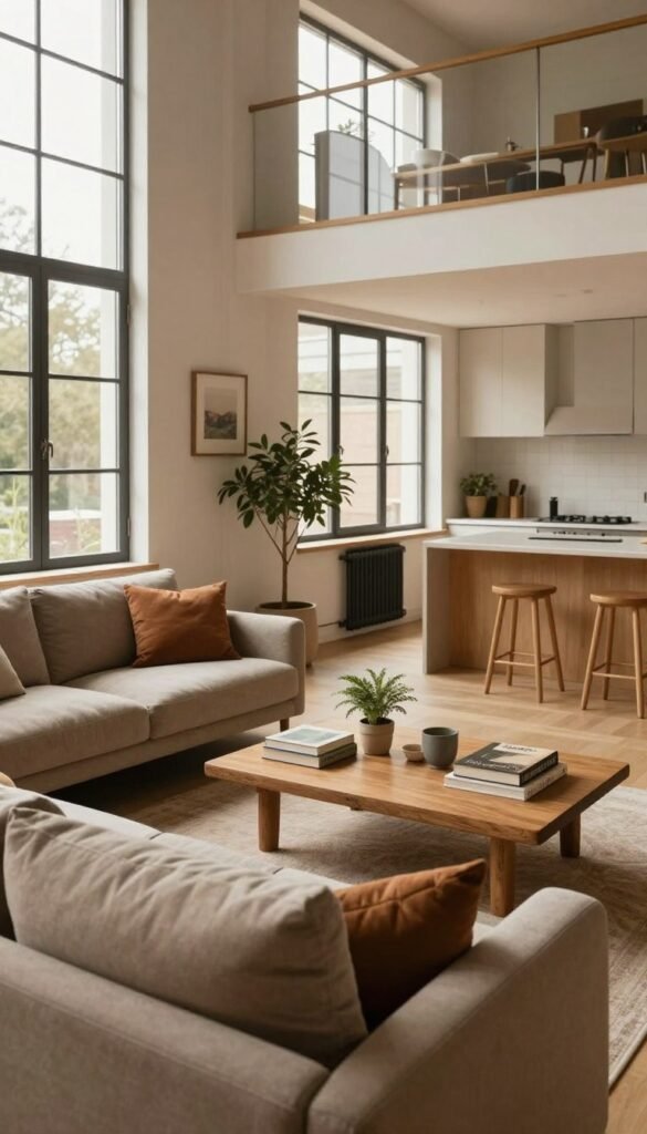 A spacious, cozy loft interior showcasing a harmonious blend of natural colors and textures. The foreground features a plush sofa adorned with soft cushions in warm earth tones. In the middle ground, a wooden coffee table displays a few elegant books and a small indoor plant. Large, airy windows bathe the scene in soft, natural light. The background reveals an inviting kitchen area with minimalist design elements, emphasizing simplicity and warmth. The overall atmosphere exudes comfort and tranquility, ideal for a relaxing space that balances openness with intimate accents. This image should reflect a Pinterest-worthy aesthetic, seamlessly integrating style and comfort without any distractions. Brands like "Wohnkiste" can be subtly represented through decor elements.