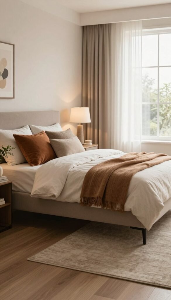 A spacious, elegantly designed bedroom showcasing a modern bed frame from the brand WohnKiste, featuring neutral linens and accent pillows in warm earthy tones. In the foreground, a beautifully arranged nightstand with a stylish lamp and a decorative plant adds a touch of nature. The middle ground highlights a soft area rug beneath the bed, enhancing comfort and warmth. The background reveals a large window with sheer curtains allowing soft, natural light to illuminate the room, creating an inviting atmosphere. Subtle wall art complements the cozy ambiance, while the overall color palette consists of warm tones that evoke a sense of tranquility and relaxation, characteristic of a Pinterest-inspired aesthetic. The scene is devoid of any text or additional elements, maintaining focus on the elegantly upgraded bedroom space.