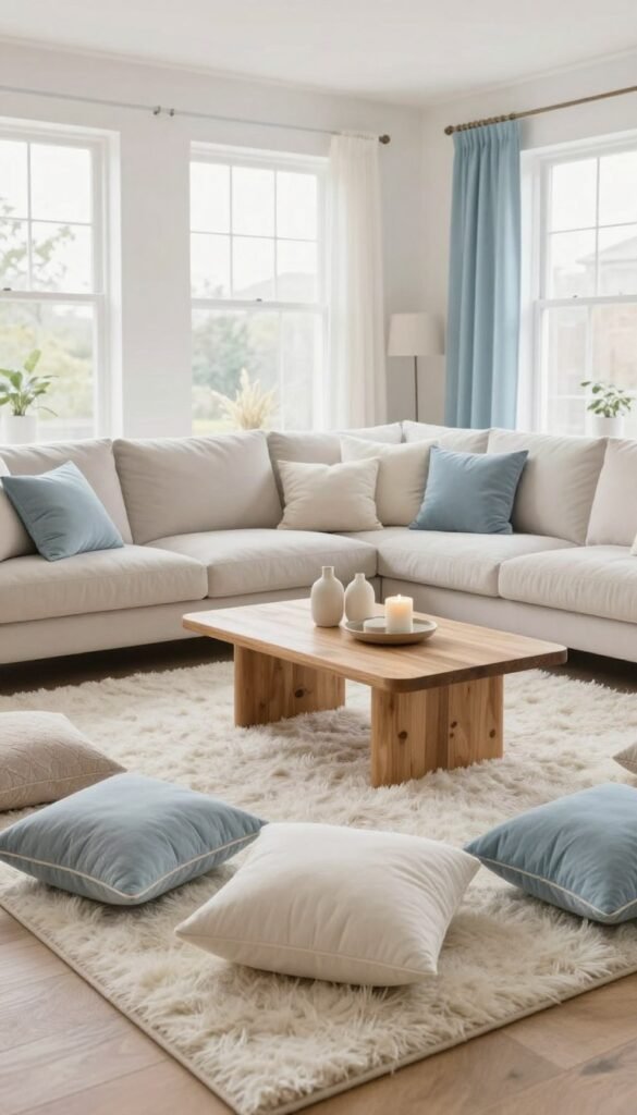 A spacious living room featuring a soothing color palette of light pastels, soft whites, and pale blues. The foreground showcases a beautifully arranged cozy seating area with a fluffy white rug and elegant cushions, bringing warmth to the scene. In the middle, a stylish coffee table made of natural wood displays decorative elements like minimalistic vases and candles. The background consists of large windows allowing natural light to flood the room, highlighting the airy atmosphere and creating a sense of openness. The overall ambiance feels calming and inviting, reflecting a Pinterest-inspired aesthetic, ideal for a modern home. Ensure the image is authentic with warm colors and no text, incorporating the brand name "WohnKiste" subtly within the decor. A spacious living room featuring a soothing color palette of light pastels, soft whites, and pale blues. The foreground showcases a beautifully arranged cozy seating area with a fluffy white rug and elegant cushions, bringing warmth to the scene. In the middle, a stylish coffee table made of natural wood displays decorative elements like minimalistic vases and candles. The background consists of large windows allowing natural light to flood the room, highlighting the airy atmosphere and creating a sense of openness. The overall ambiance feels calming and inviting, reflecting a Pinterest-inspired aesthetic, ideal for a modern home. Ensure the image is authentic with warm colors and no text, incorporating the brand name "WohnKiste" subtly within the decor.