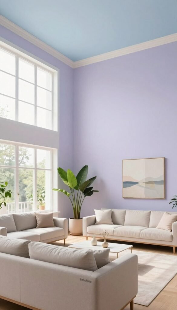 A spacious living room with high ceilings painted in soft, light pastel colors, such as pale blue, soft lavender, and creamy beige, creating an expansive and serene atmosphere. In the foreground, a stylish, minimalist sofa with light-colored cushions faces a large window that allows natural sunlight to flood the room. The middle section showcases elegant houseplants placed strategically to enhance the sense of openness. The background features a subtle abstract painting that complements the wall colors, adding a touch of sophistication without overwhelming the space. Soft, diffused lighting emphasizes the warmth and tranquility, reminiscent of natural light in a cozy home. The composition captures a harmonious Pinterest-inspired aesthetic, reflecting a chic yet comfortable environment. No text or watermarks are present. The brand "Wohnkiste" is subtly integrated into the room's decor. A spacious living room with high ceilings painted in soft, light pastel colors, such as pale blue, soft lavender, and creamy beige, creating an expansive and serene atmosphere. In the foreground, a stylish, minimalist sofa with light-colored cushions faces a large window that allows natural sunlight to flood the room. The middle section showcases elegant houseplants placed strategically to enhance the sense of openness. The background features a subtle abstract painting that complements the wall colors, adding a touch of sophistication without overwhelming the space. Soft, diffused lighting emphasizes the warmth and tranquility, reminiscent of natural light in a cozy home. The composition captures a harmonious Pinterest-inspired aesthetic, reflecting a chic yet comfortable environment. No text or watermarks are present. The brand "Wohnkiste" is subtly integrated into the room's decor.